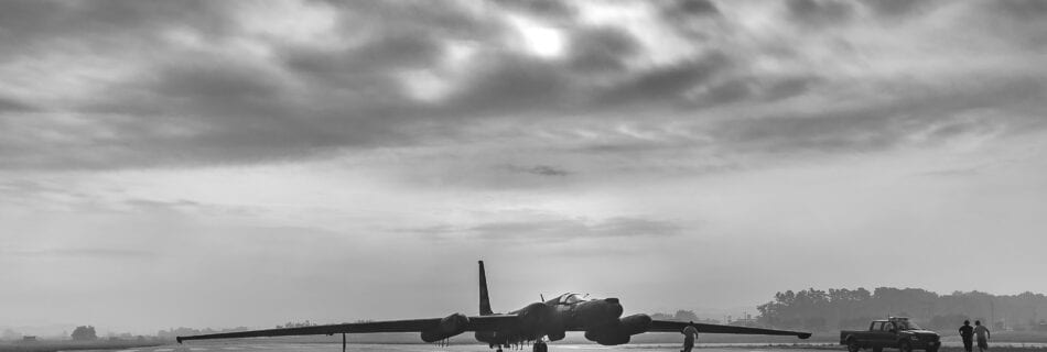The U-2 loaded with sensors sits on the runway waiting for takeoff